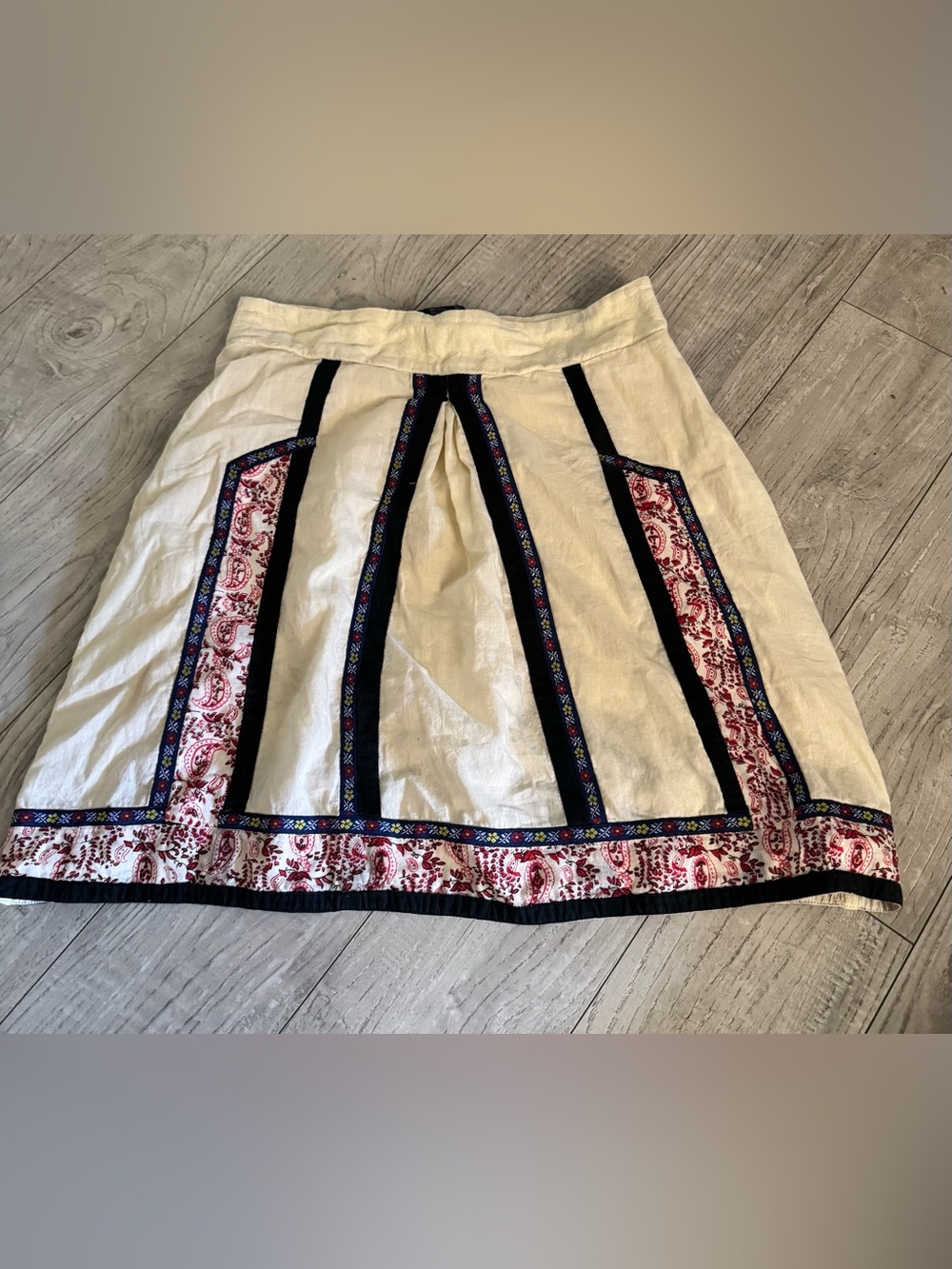 Blue Plate Boho Cream A-Line Skirt with Red Paisley Trim from the 90’s vintage